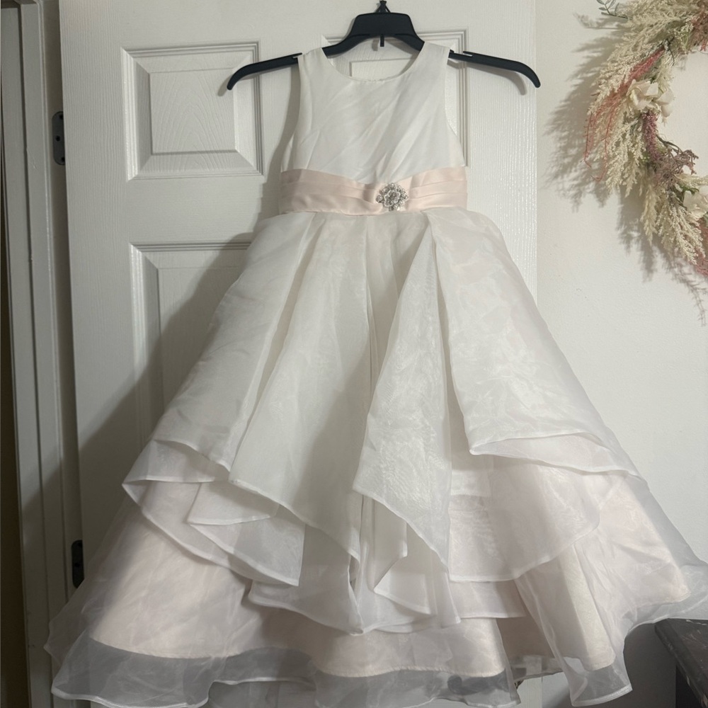 Elegant White and Pink Layered Kids Dress